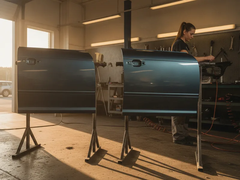 Two finished car door panels displayed side by side showing fit and alignment differences between OEM and aftermarket parts.