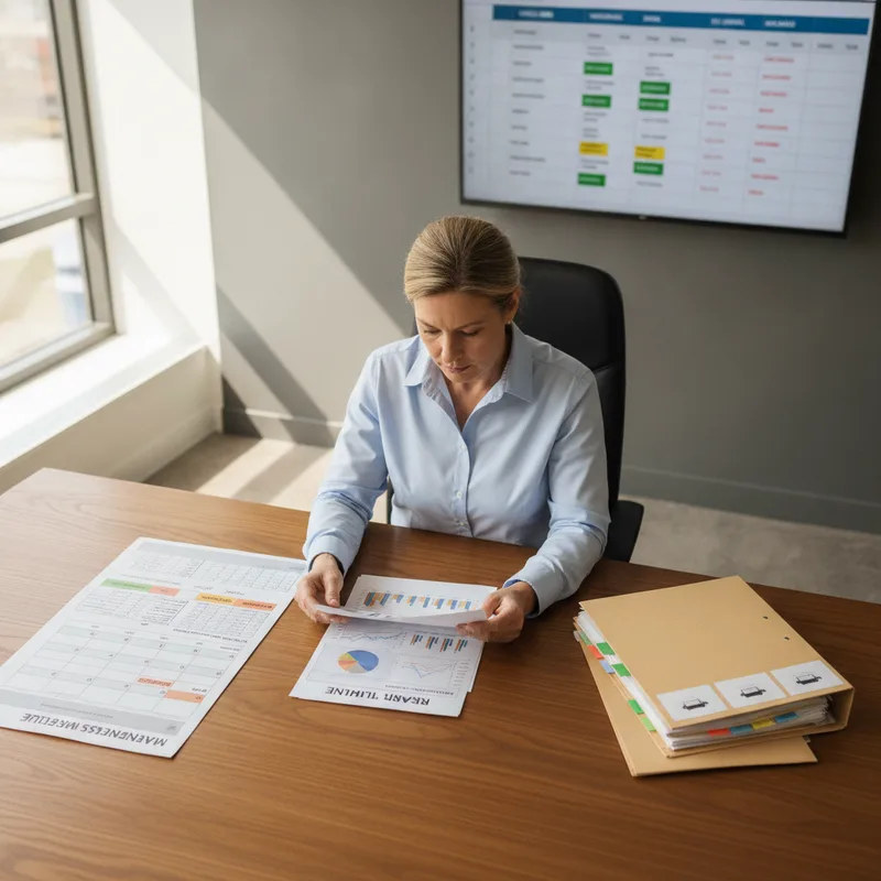 Fleet manager reviewing repair timeline paperwork in an office setting with a wall calendar visible, multiple vehicle docu...