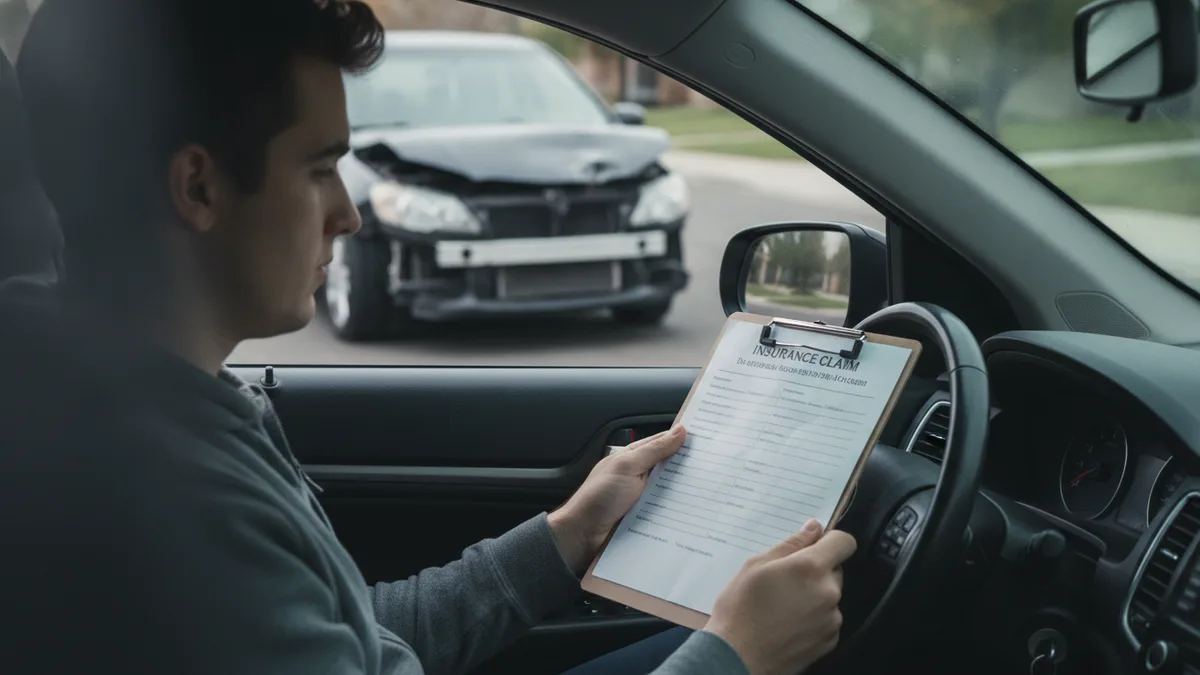 Driver reviewing insurance claim paperwork inside a damaged vehicle in a parking lot.