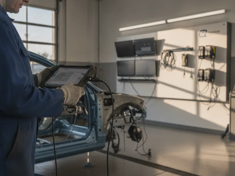 Collision repair technician inspecting vehicle damage in a professional body shop garage.