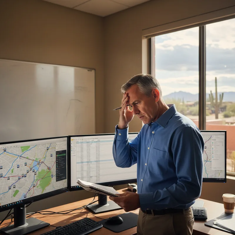 A busy dispatch center or fleet manager's office with multiple monitors, vehicle tracking software visible on screens, and...