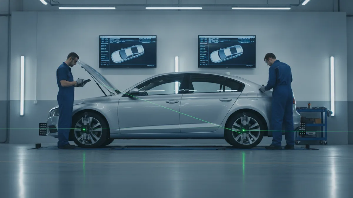 Technician performing frame alignment on a sedan using laser measurement equipment in a modern auto body shop.