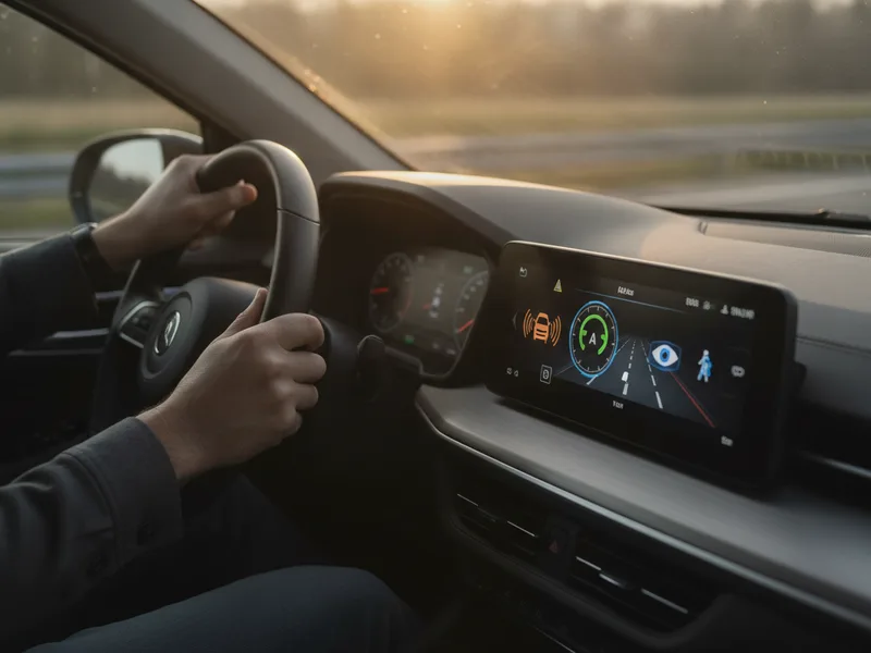 Dashboard display showing active ADAS warning indicators and safety system icons in a modern vehicle.