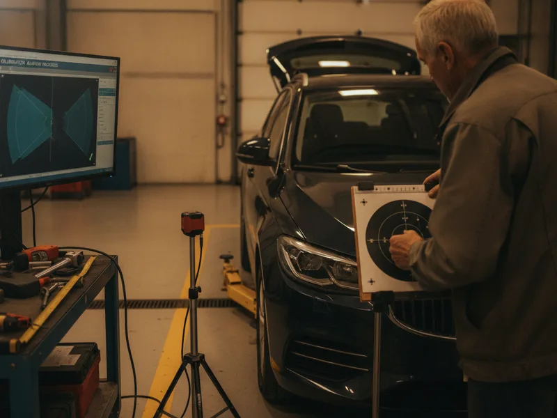Technician setting up a precision target board for ADAS camera calibration on a vehicle in an auto body shop.