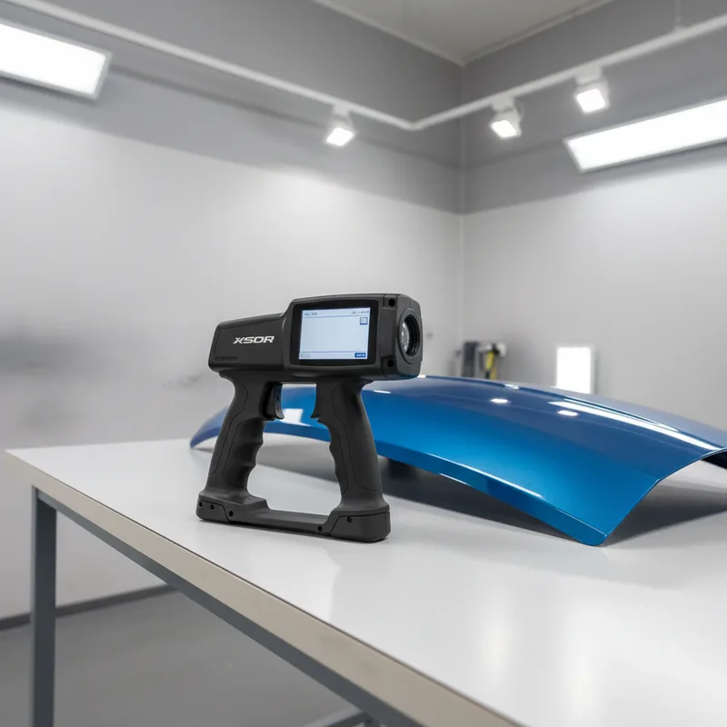Professional spectrophotometer device displayed on a workshop counter, angled to show its digital screen and color-reading...