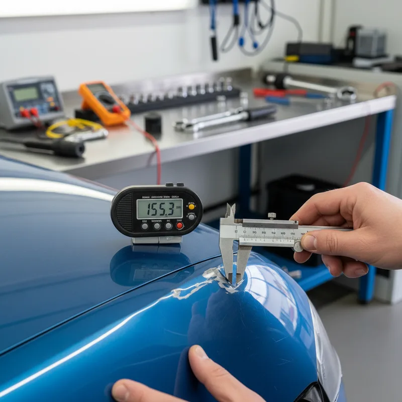 Close-up of a technician's hands using a paint depth gauge and measuring calipers on a vehicle's damaged panel