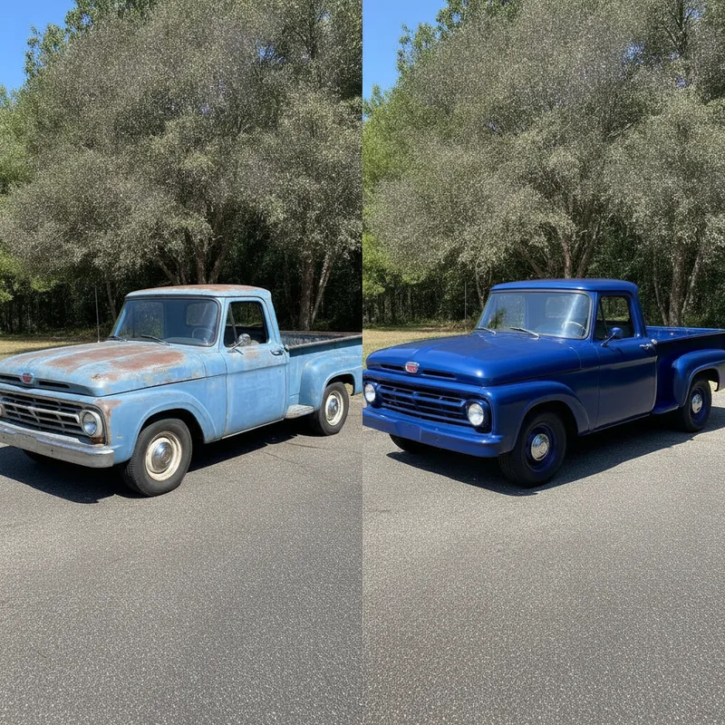 Split-screen comparison showing a vehicle with uneven patches of old and new paint on one side, and a uniformly repainted ...