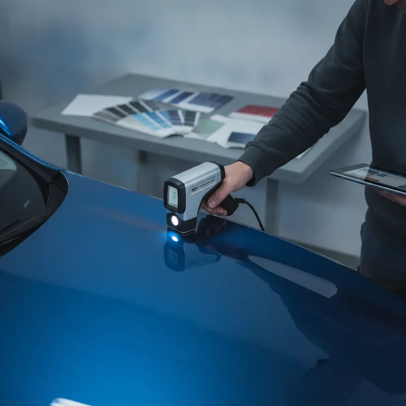 Close-up overhead shot of a technician using a digital color-matching scanner or spectrophotometer against a vehicle's exi...
