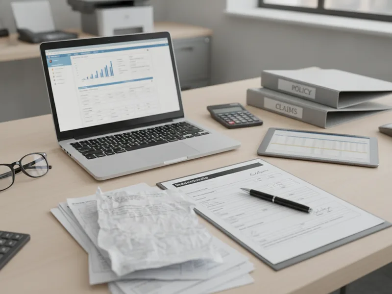 Insurance claim documentation and repair estimate forms on a workbench with digital and paper records.