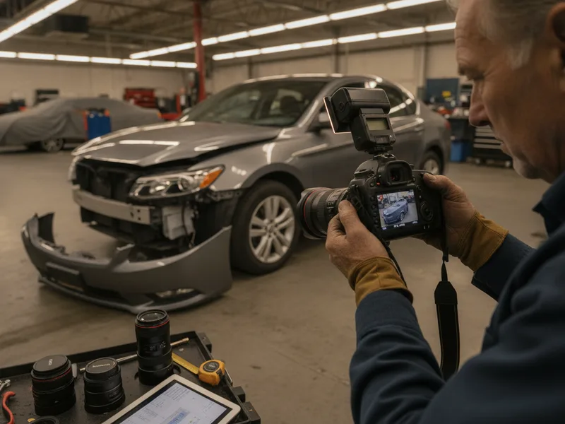 Auto body estimator photographing vehicle damage for insurance claim documentation.