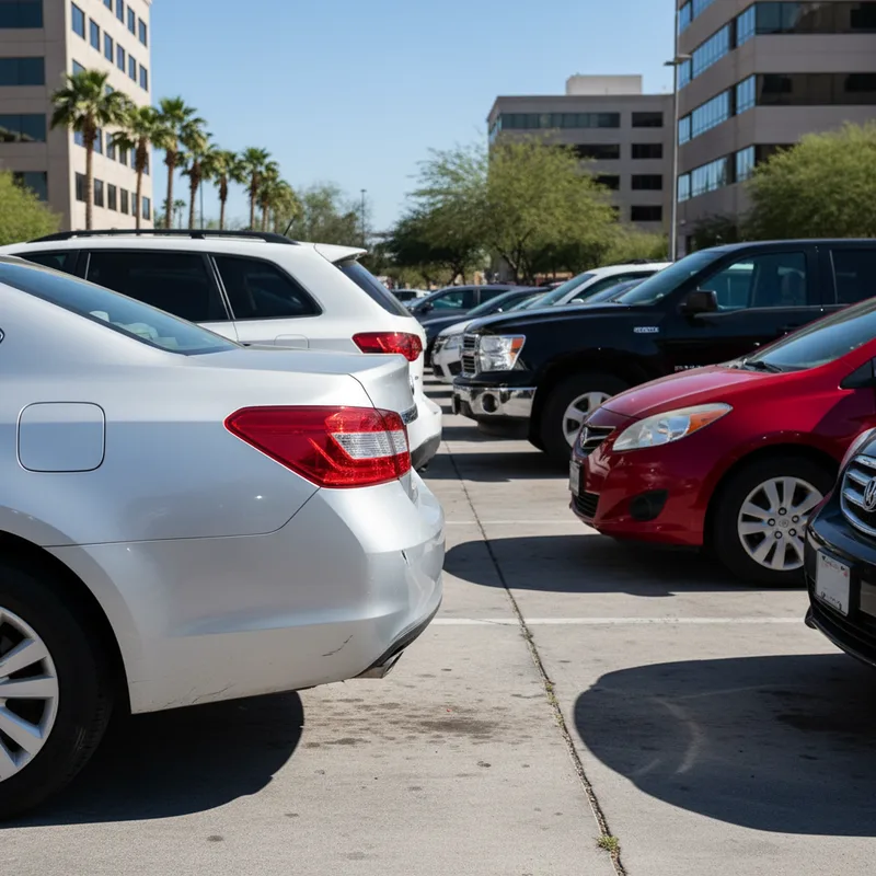 A parked vehicle with a visible bumper dent in an urban Phoenix parking lot, surrounded by other vehicles in tight spaces,...