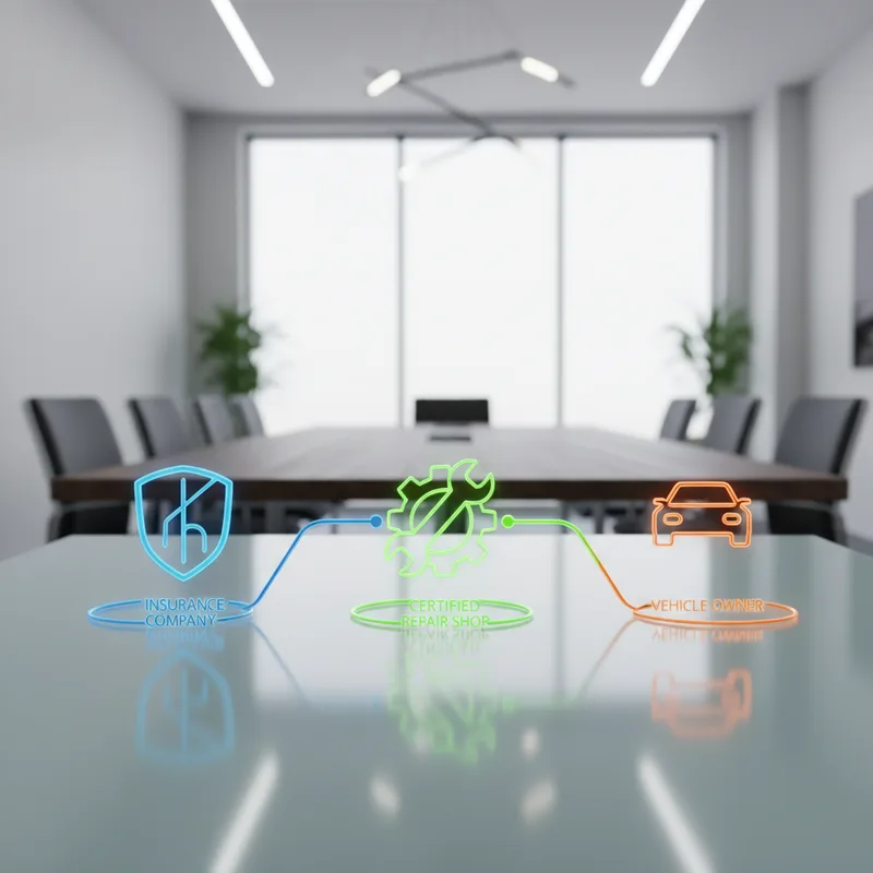 A digital workflow diagram visualization showing the connection between an insurance company, a certified repair shop, and...