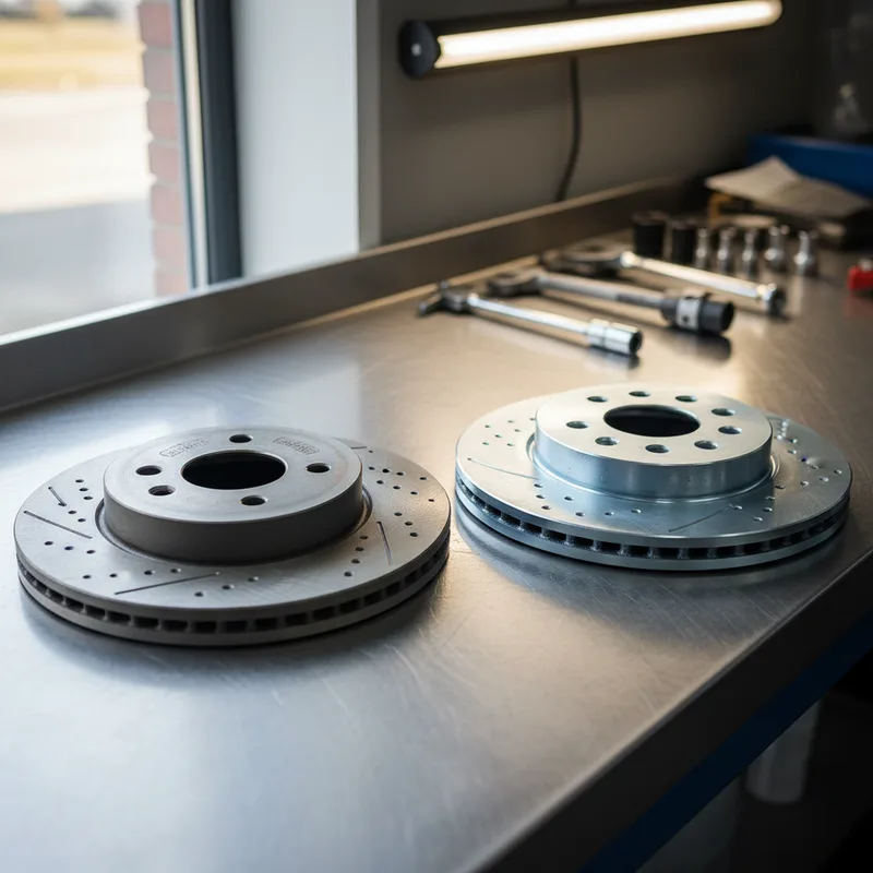 Close-up comparison shot of two similar automotive parts side-by-side—one OEM branded and one aftermarket—arranged on a cl...