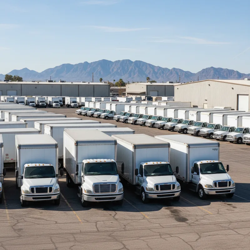 A busy commercial fleet yard with multiple vehicles, some showing visible damage, in a Phoenix industrial area with mounta...