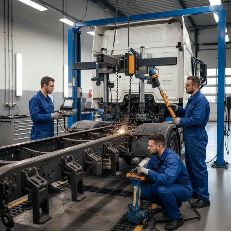Close-up view of technicians performing frame alignment or structural repair on a commercial vehicle in a modern auto body...