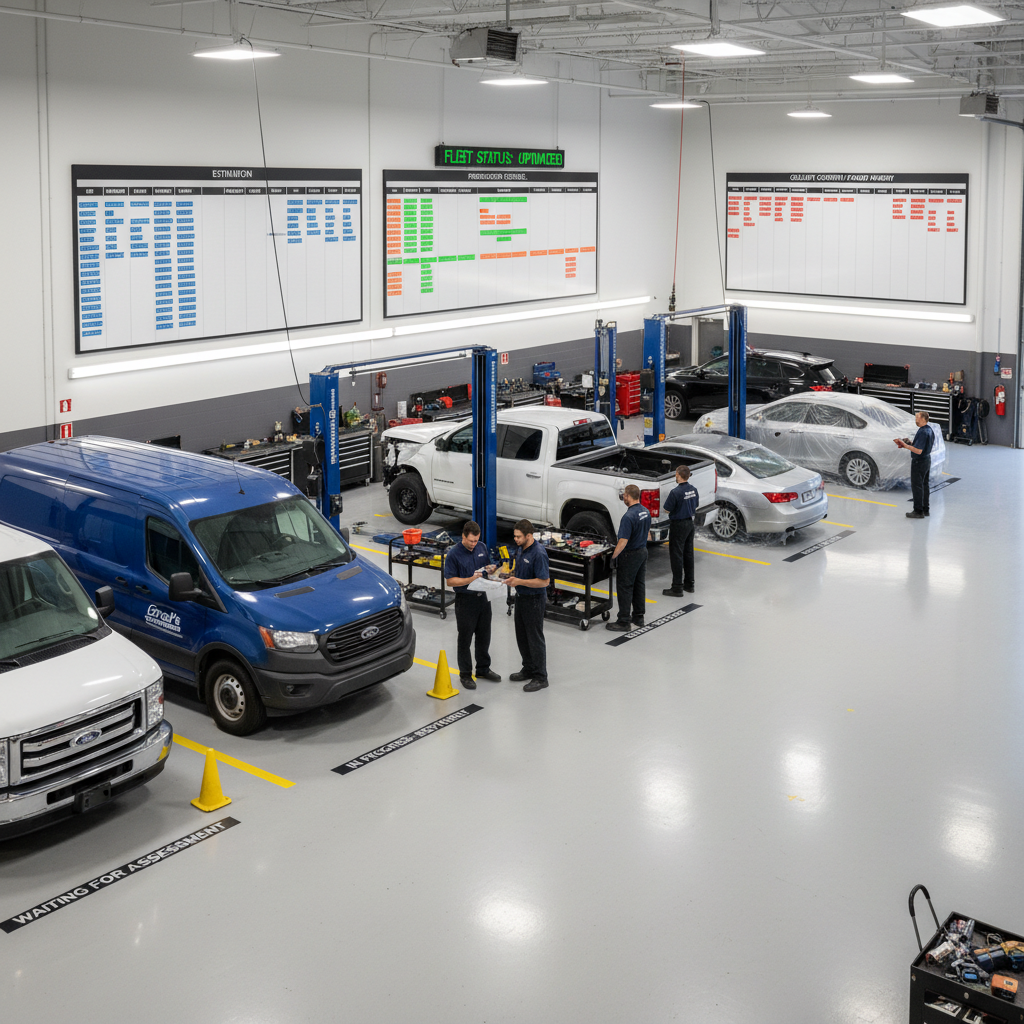 A realistic interior shot of Brad's collision repair facility showing a well-organized fleet repair queue with multiple vehicles in different repair stages, color-coded scheduling boards visible on the wall, and technicians coordinating work. The image should convey organized efficiency, clear communication systems, and structured workflow management.