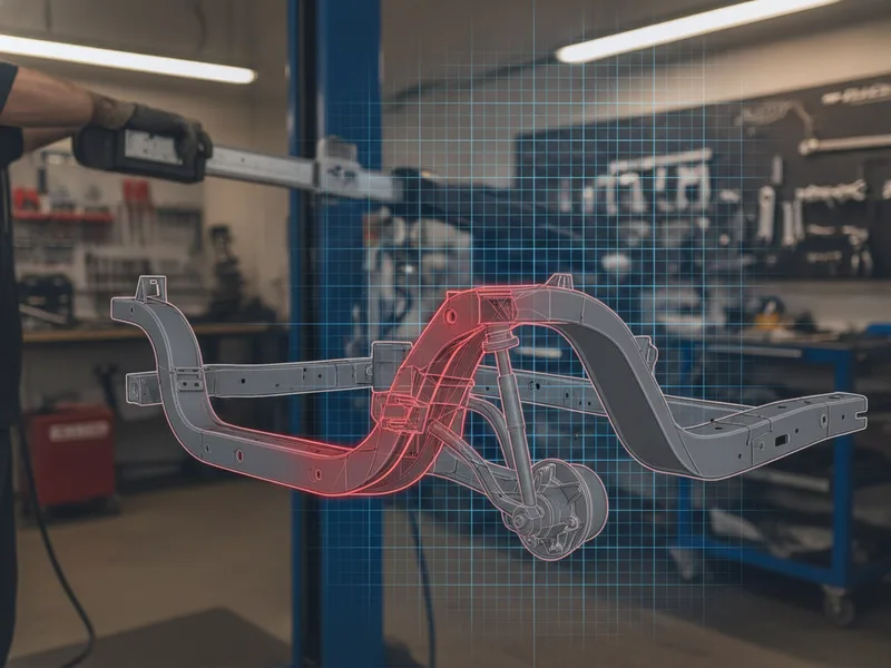 Vehicle frame showing structural damage and misalignment points in a repair facility.
