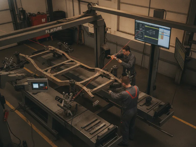 Technician using laser measurement equipment to check frame alignment on a mounted vehicle.