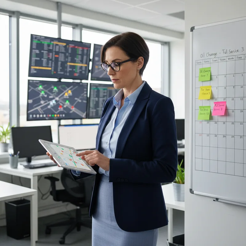 A business owner in professional attire checking a digital dashboard or tablet displaying fleet vehicle locations and stat...