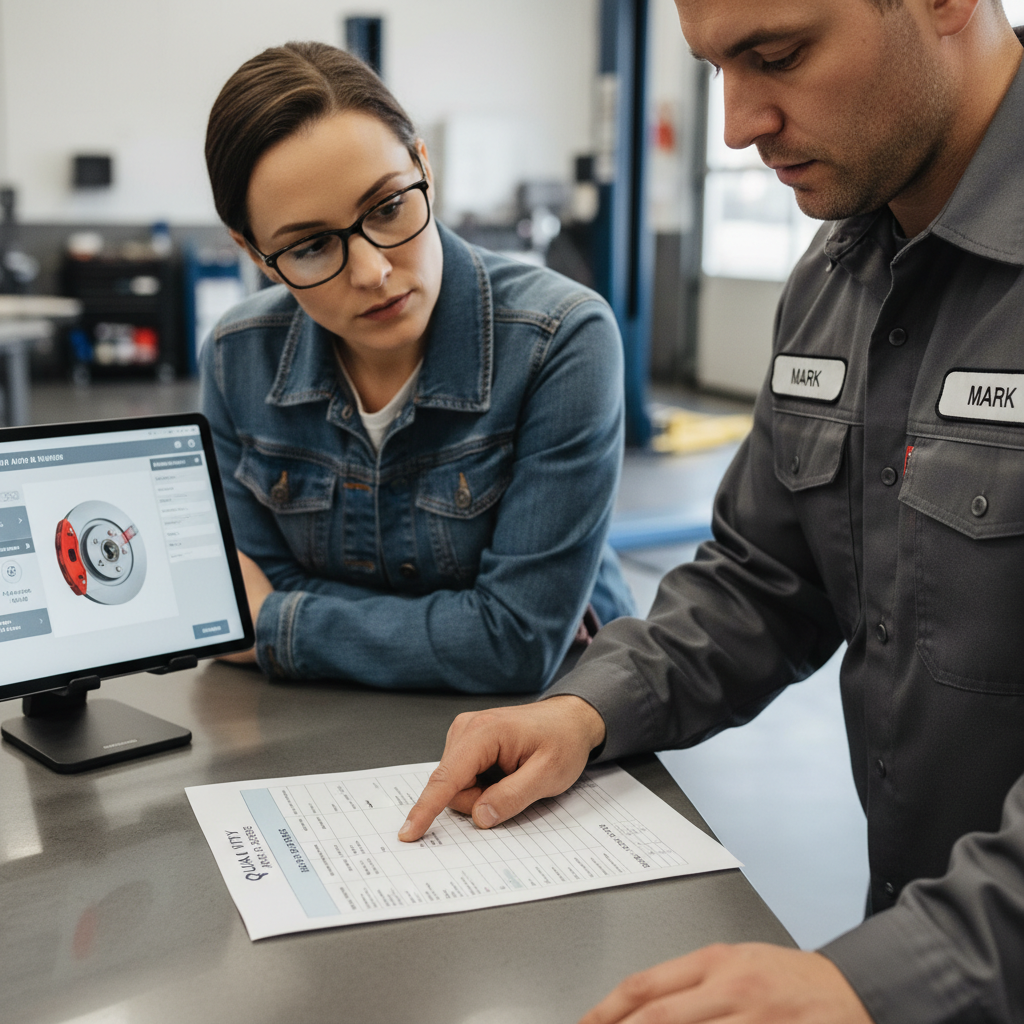 A realistic close-up photo showing a technician or estimator reviewing a detailed repair estimate document with a customer at the service desk. The estimate form is clearly visible with itemized parts and labor costs. A tablet or computer screen displaying the repair assessment is also visible, symbolizing modern, transparent business practices.