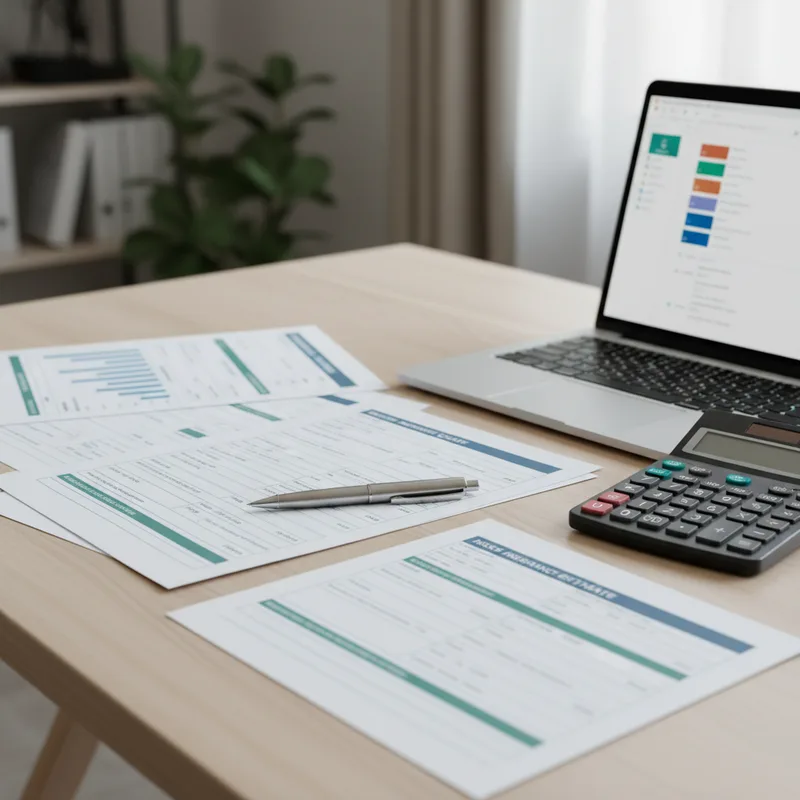 Insurance claim documentation and repair estimate forms spread across a work desk with a pen, calculator, and laptop showi...