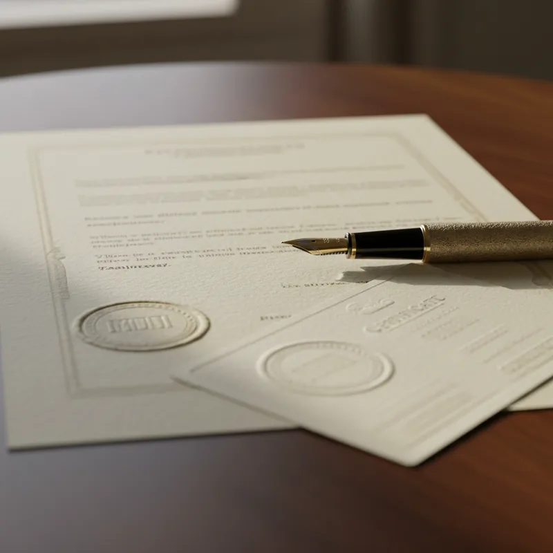 A close-up view of a signed partnership agreement or insurance certification documents with a fountain pen positioned on t...