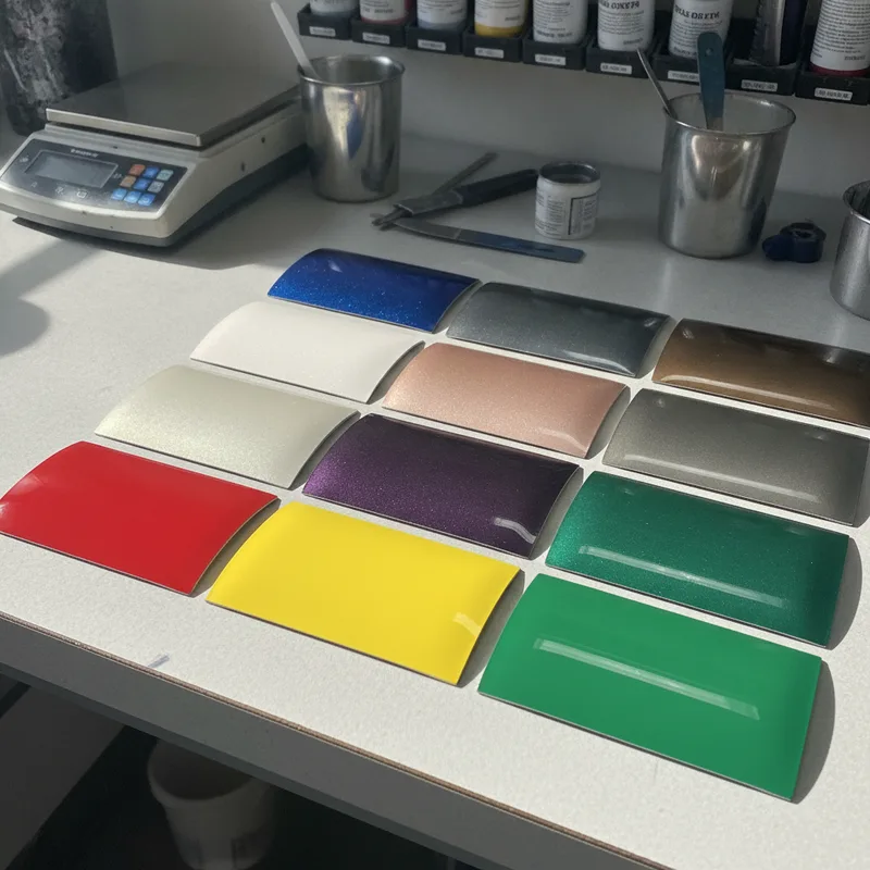 Close-up view of a paint color swatch palette with multiple automotive finish samples displayed in natural daylight, showi...