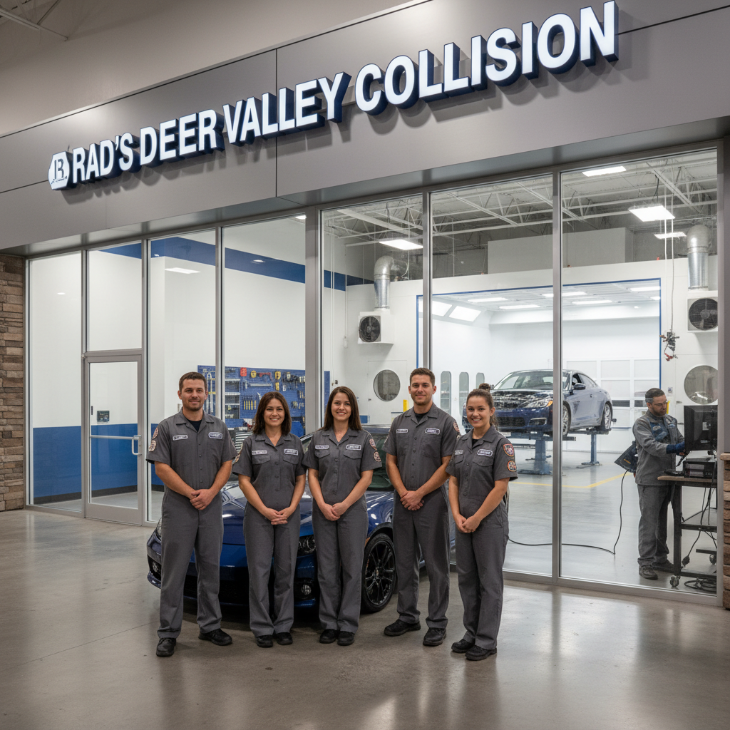 A realistic photo of Brad's Deer Valley Collision's storefront or a team photo showing technicians in uniforms with I-CAR/ASE badges visible. Include a view of the shop's modern facility with advanced equipment (frame alignment machine, paint booth, or diagnostic scanner). Capture a professional but approachable atmosphere.
