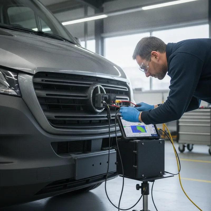 A technician in safety glasses using diagnostic equipment to recalibrate advanced driver assistance systems on a commercia...