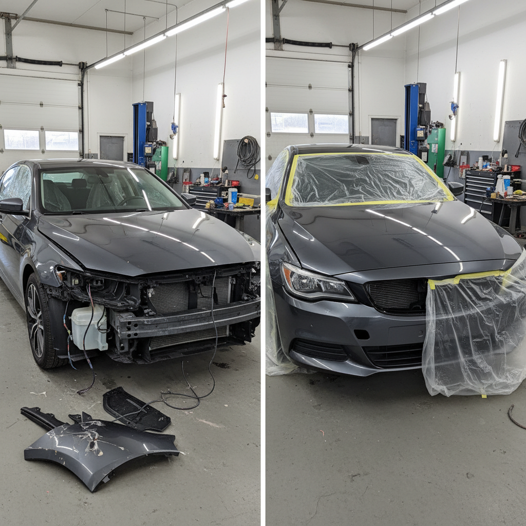 A realistic before-and-after split-image comparison showing vehicle damage on the left side (significant scratches, dents, or paint chips) and the same vehicle restored with fresh paint on the right side. The image should clearly show the preparation work that drives costs.