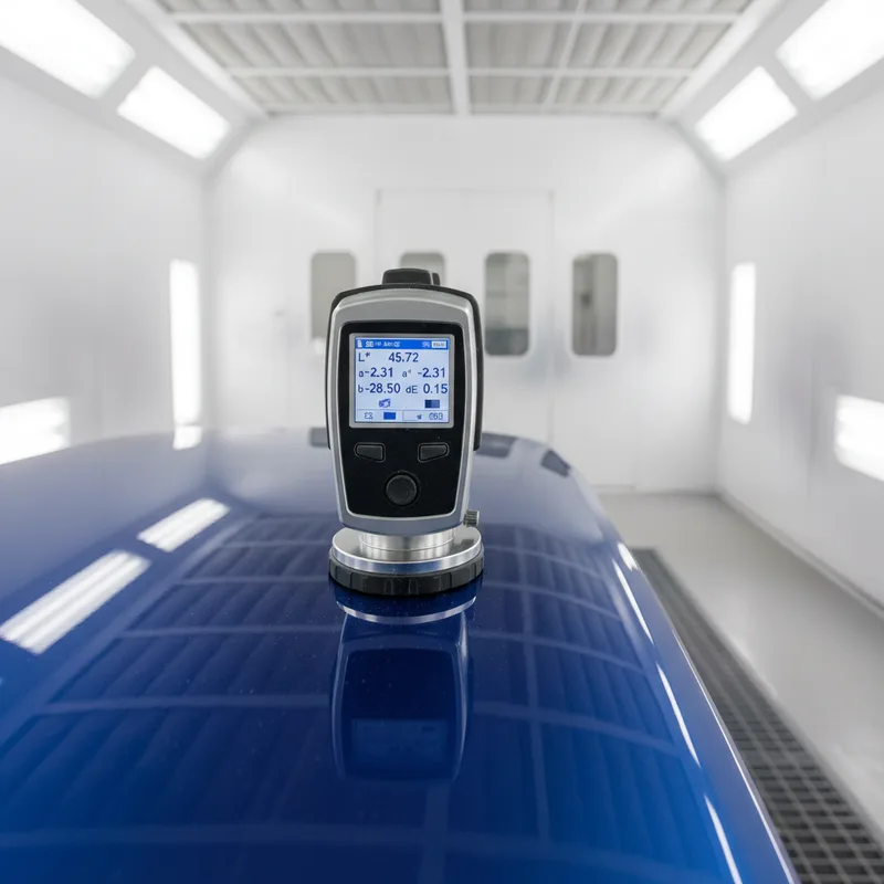 A spectrophotometer device positioned against a freshly painted vehicle panel, with the digital display screen visible sho...
