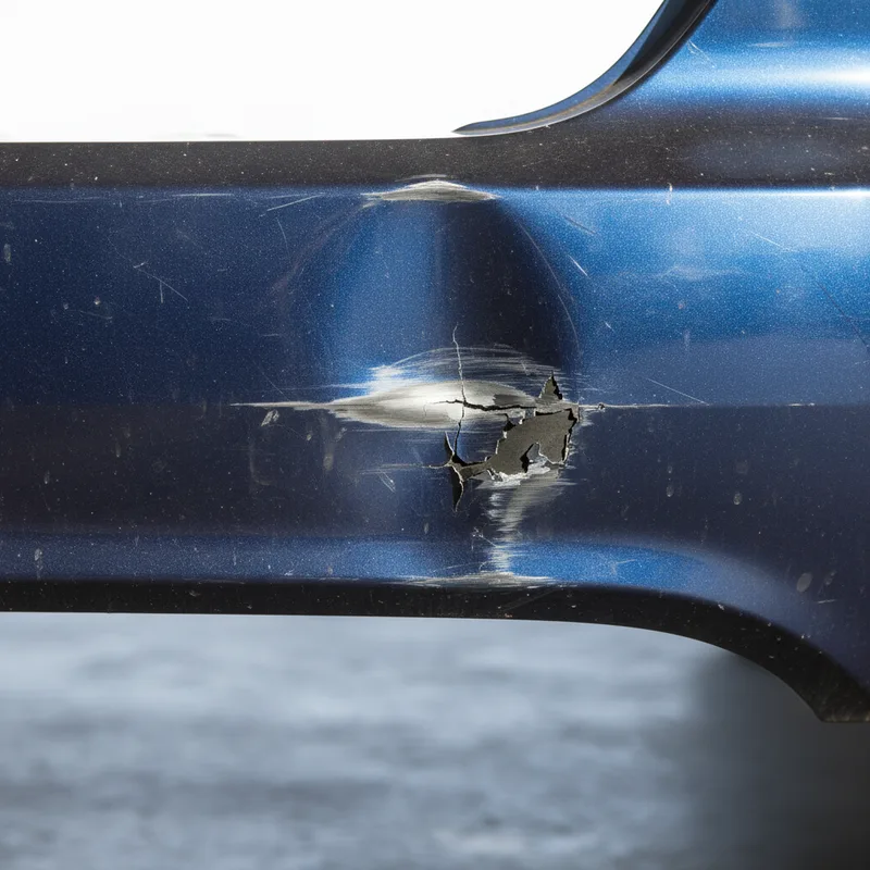 Close-up detail shot of a rear bumper with visible dent and paint damage, photographed under bright overhead lighting that...