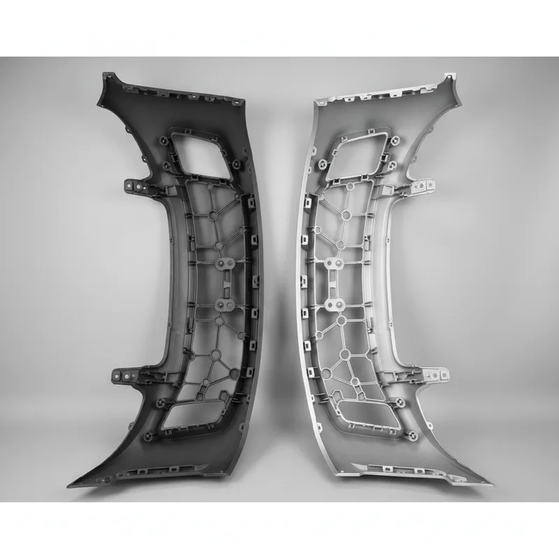 Side-by-side comparison view showing the underside structure of a modern plastic bumper assembly with reinforcement ribs a...