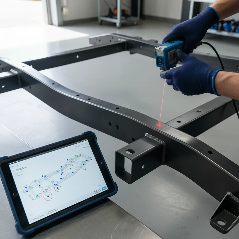 Close-up overhead shot of a technician using laser measurement equipment on a vehicle frame, with digital readings visible...