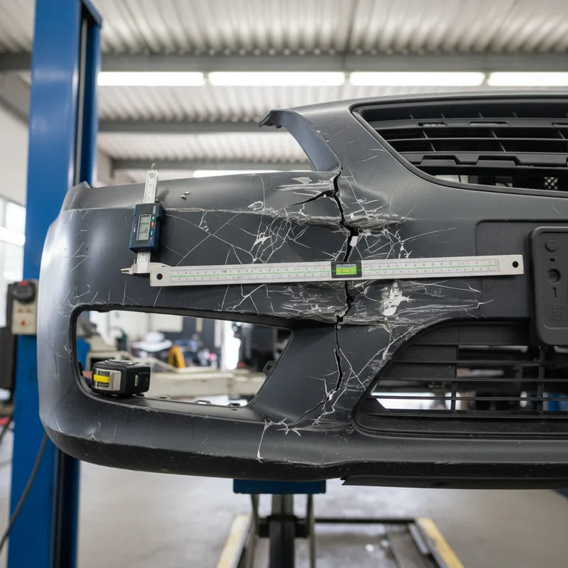 Close-up overhead shot of a damaged front bumper on a vehicle lift, showing cracks and dents with measuring tools nearby, ...