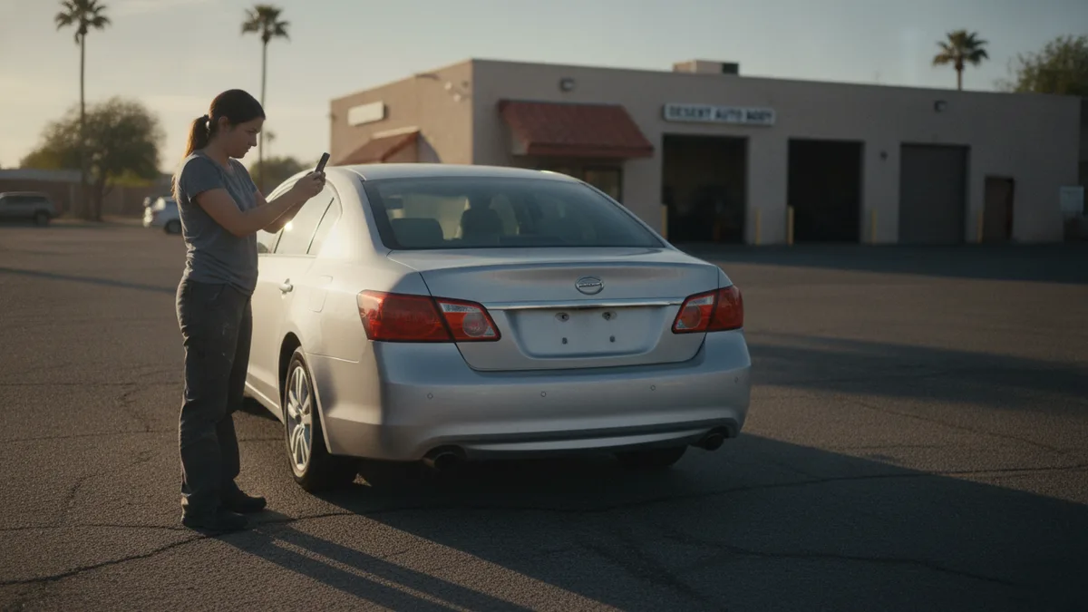 Vehicle owner photographing rear bumper damage with a smartphone in daylight.