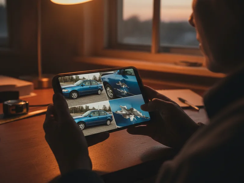 Smartphone screen showing multiple photographs of vehicle damage from different angles.