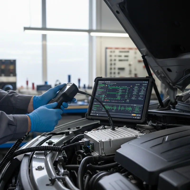 Close-up detail shot of technician using diagnostic scanning equipment on a vehicle's electronic control module, with digi...