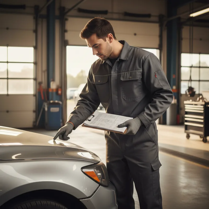 A mechanic or technician inspecting a vehicle's front fender with damage, holding a clipboard with written estimate