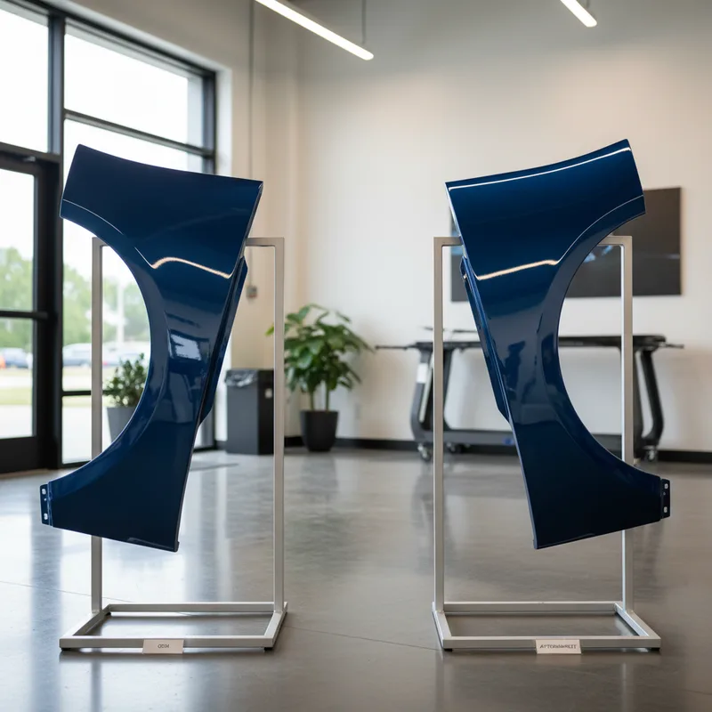 A display showing two fender panels side-by-side—one labeled OEM and one labeled aftermarket—in a clean, well-lit workshop...