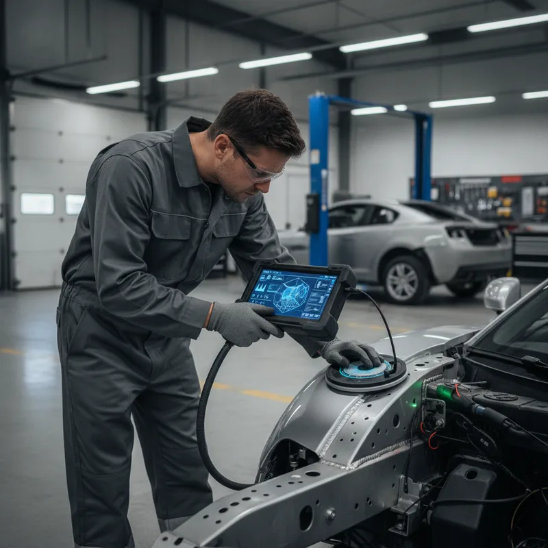 Technician using advanced diagnostic scanning equipment on a vehicle's frame to detect hidden structural damage