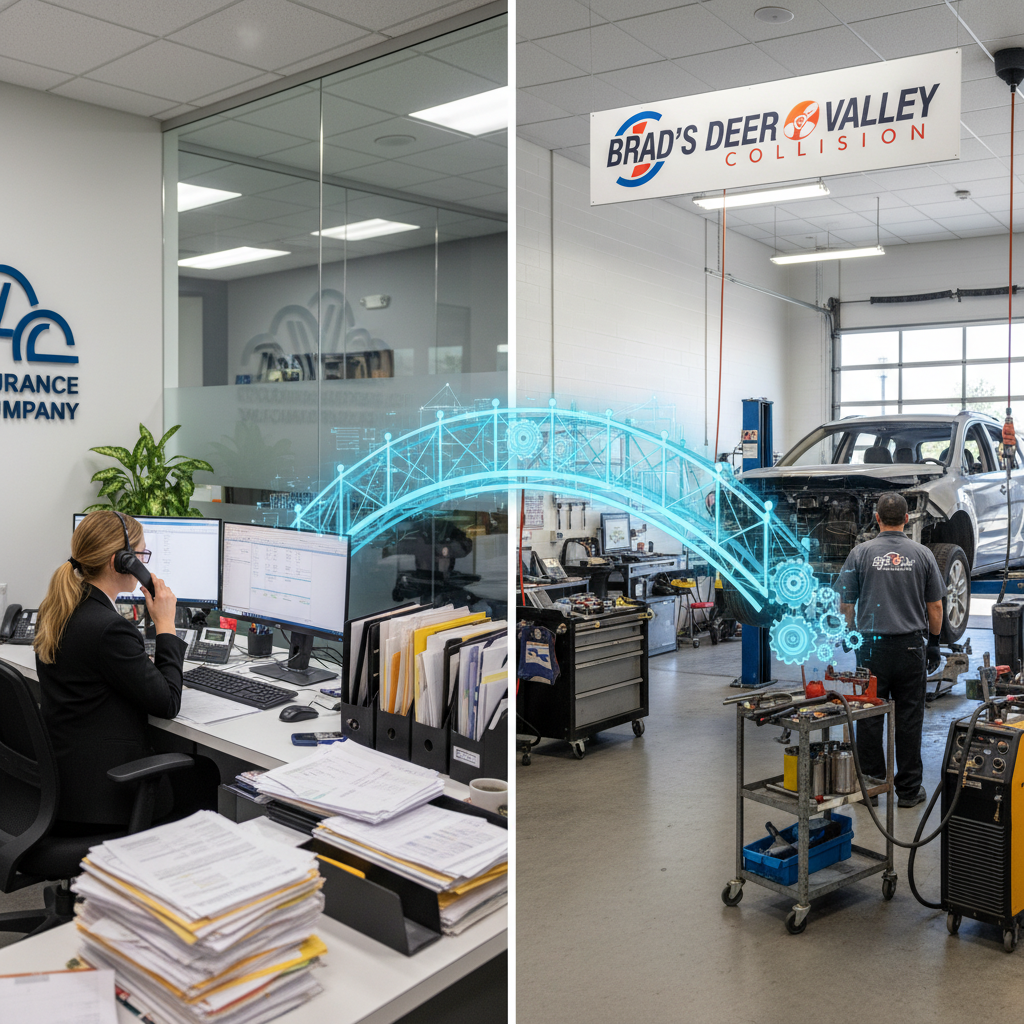 A realistic split-screen image showing on the left side an insurance company office with documents and a claims processor working, and on the right side Brad's Deer Valley Collision's professional repair facility with certified technicians working on a vehicle. Both sides connected by a symbolic bridge representing the DRP partnership.
