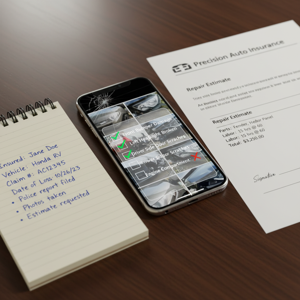 A realistic close-up photograph of a smartphone displaying damage photos with a checklist overlay, a notepad with handwritten claim notes, and a printed insurance estimate document spread on a table, representing proper claim documentation practices.