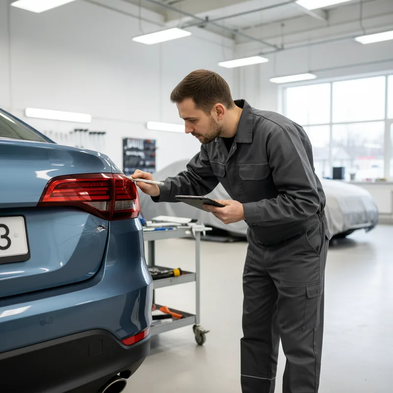 Mechanic or technician examining a cracked bumper with assessment tools or notepad, standing in a well-lit auto body shop ...