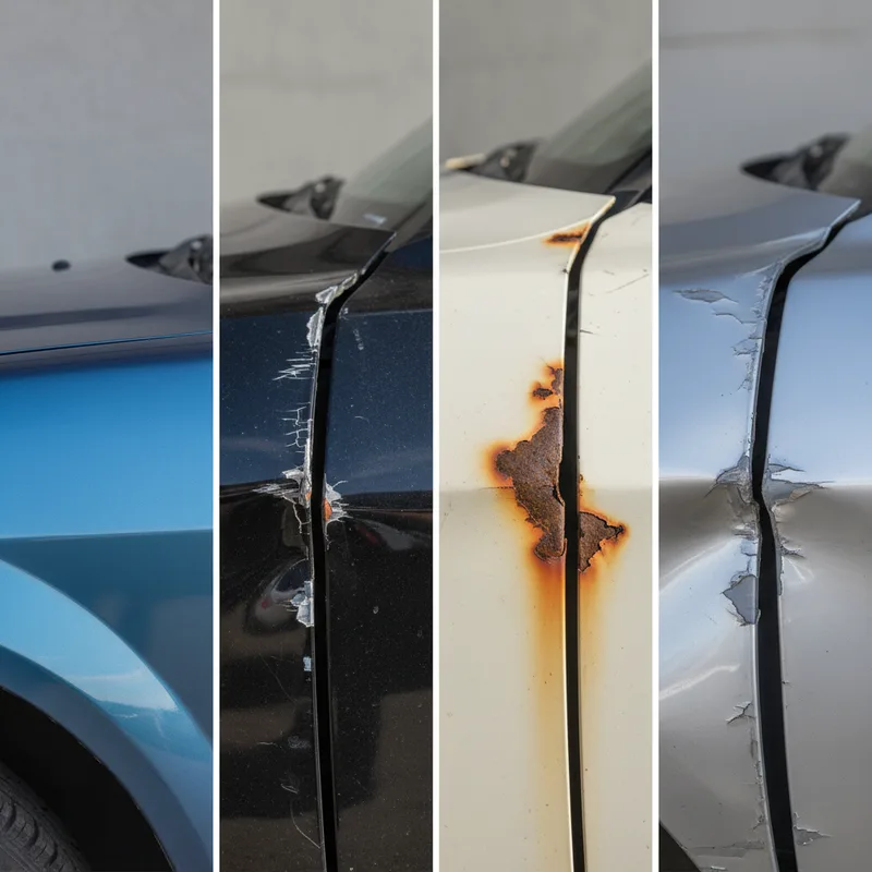Close-up detail shots of various fender damage types: a shallow dent with intact paint, a deep crease with paint cracking,...