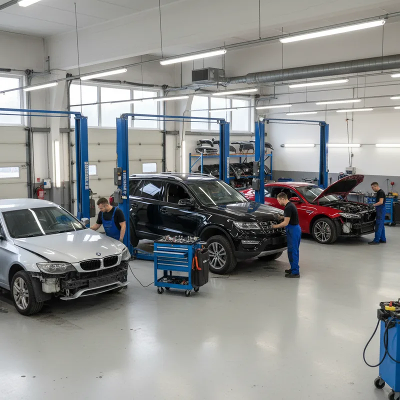 Interior view of a professional auto body shop with multiple vehicle bays, showing three vehicles in different stages of r...