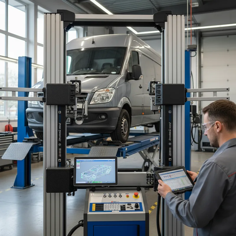 Close-up of advanced frame alignment equipment with a commercial vehicle positioned on an alignment rack