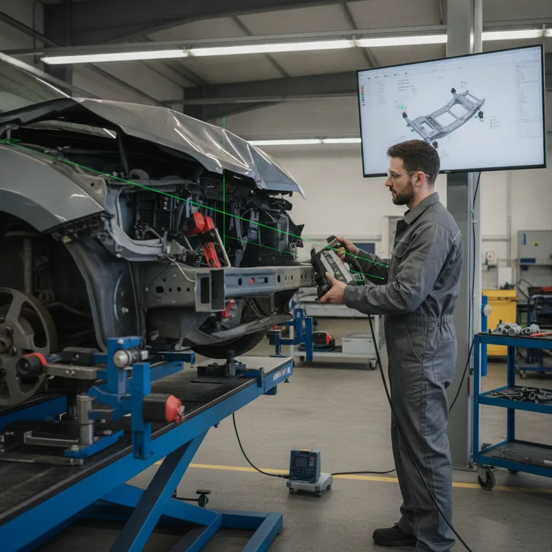 Technician using a digital frame measuring system with laser alignment equipment on a damaged vehicle frame