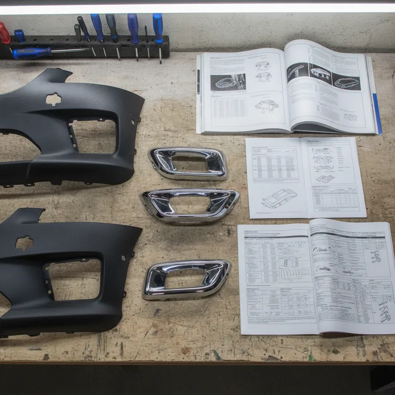 Overhead shot of a technician's workbench displaying various bumper components, OEM and aftermarket parts side by side, wi...