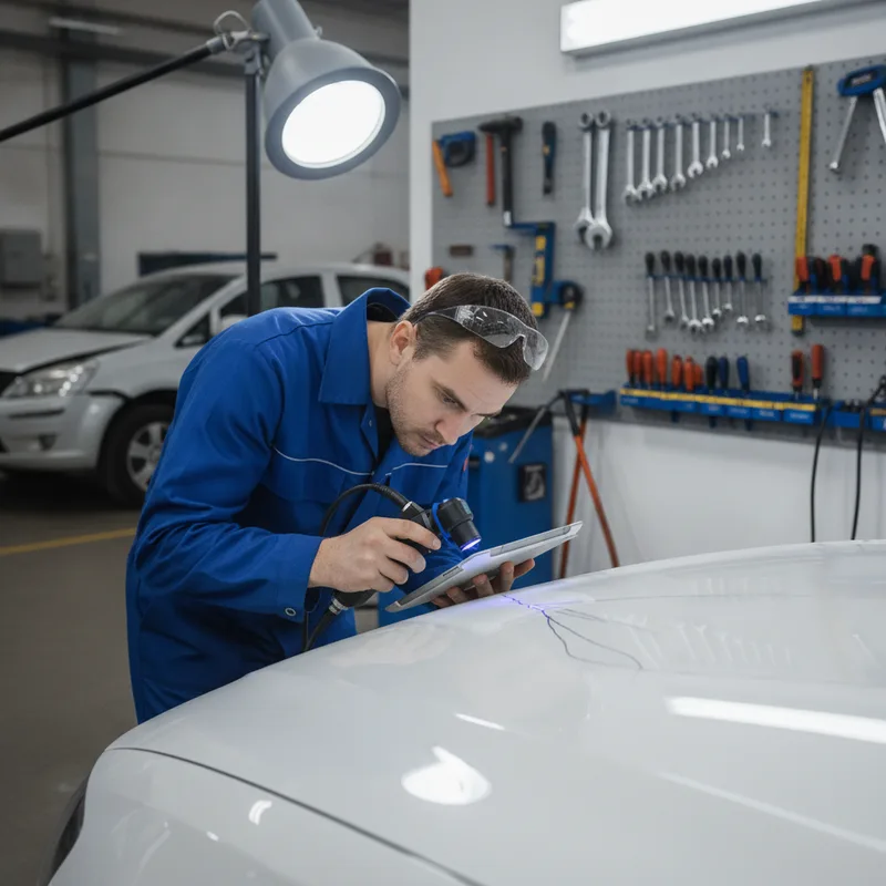 Technician in auto body shop using diagnostic equipment to examine a vehicle's frame or body panel for hairline cracks